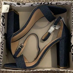 Block heel denim heels.